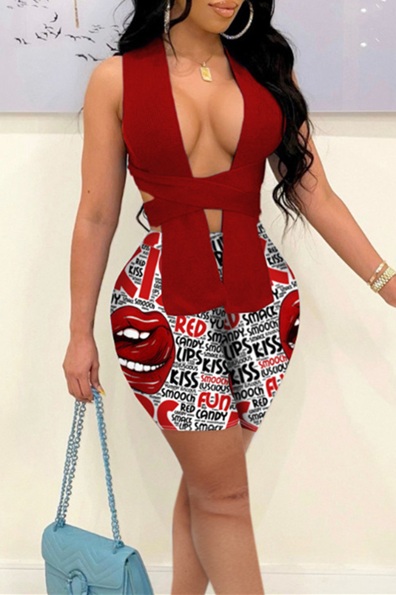 

Red Fashion Sexy Print Asymmetrical Sleeveless Two Pieces