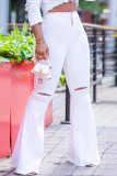 Witte mode casual effen gescheurde hoge taille regular denim jeans