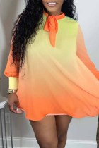 Orange Gul Mode Casual Gradvis Byt Tryck Basic O-hals långärmade klänningar