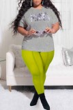 蛍光グリーンファッションカジュアルレタープリントシースルーOネックプラスサイズツーピース