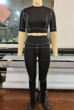Black Sexy Sportswear Solid Patchwork Backless O Neck Short Sleeve Two Pieces