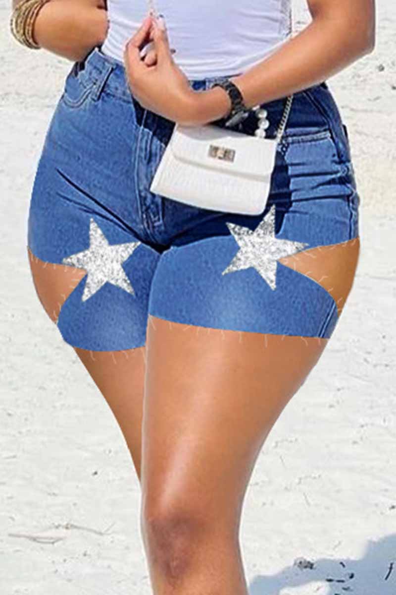 

Medium Blue Fashion Casual The stars Ripped Skinny High Waist Plus Size Denim Shorts