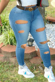 Jeans de talla grande rasgados sólidos informales de moda azul profundo (sin cinturón)