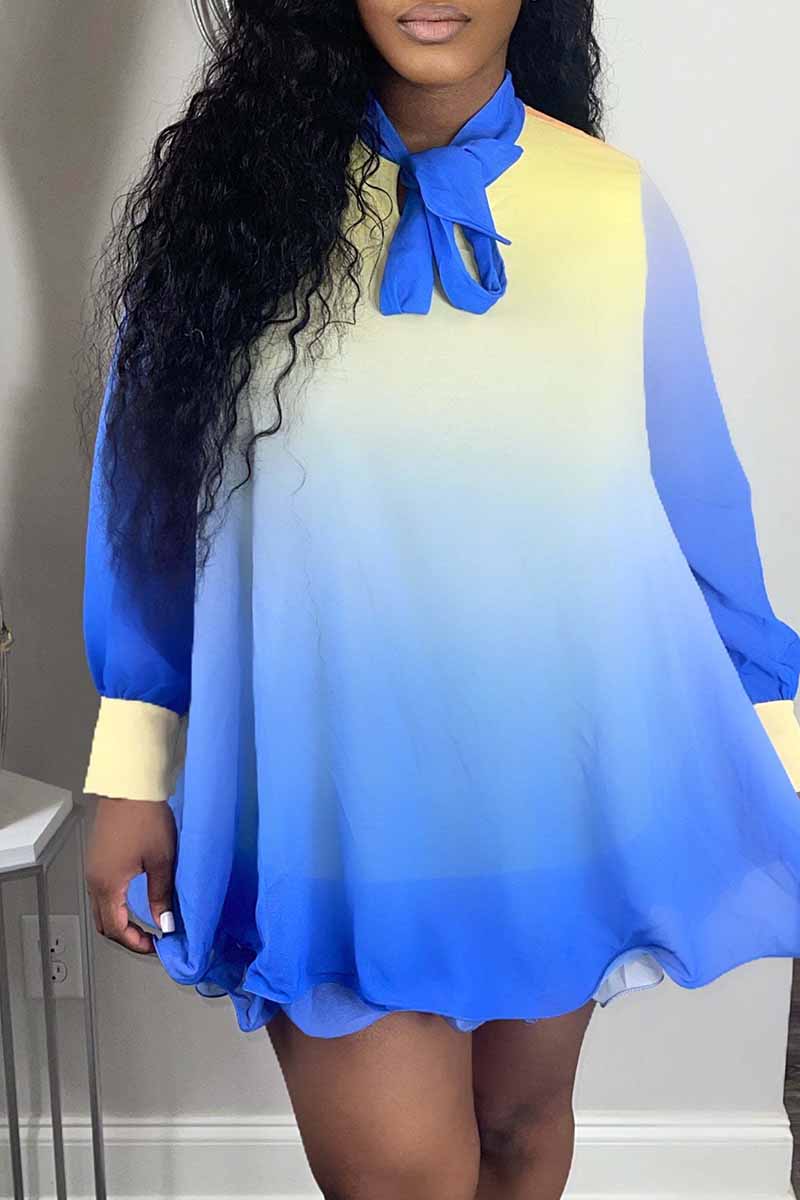 

Blue Fashion Casual Gradual Change Print Basic O Neck Long Sleeve Dresses
