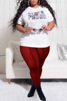 Burgundy Fashion Casual Letter Print See-through O Neck Plus Size Two Pieces