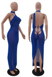 Синие сексуальные однотонные лоскутные прозрачные платья с открытой спиной и асимметричным воротником, юбка в один шаг