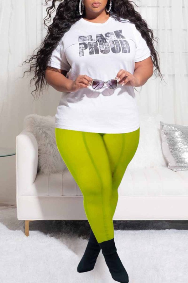 Fluorescent Green Fashion Casual Letter Print See-through O Neck Plus Size Two Pieces