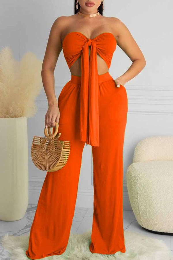 Oranje Sexy Casual Solid Bandage Backless Strapless Mouwloos Two Pieces