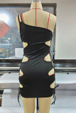Red Sexy Solid Bandage Hollowed Out Patchwork Oblique Collar One Step Skirt Dresses