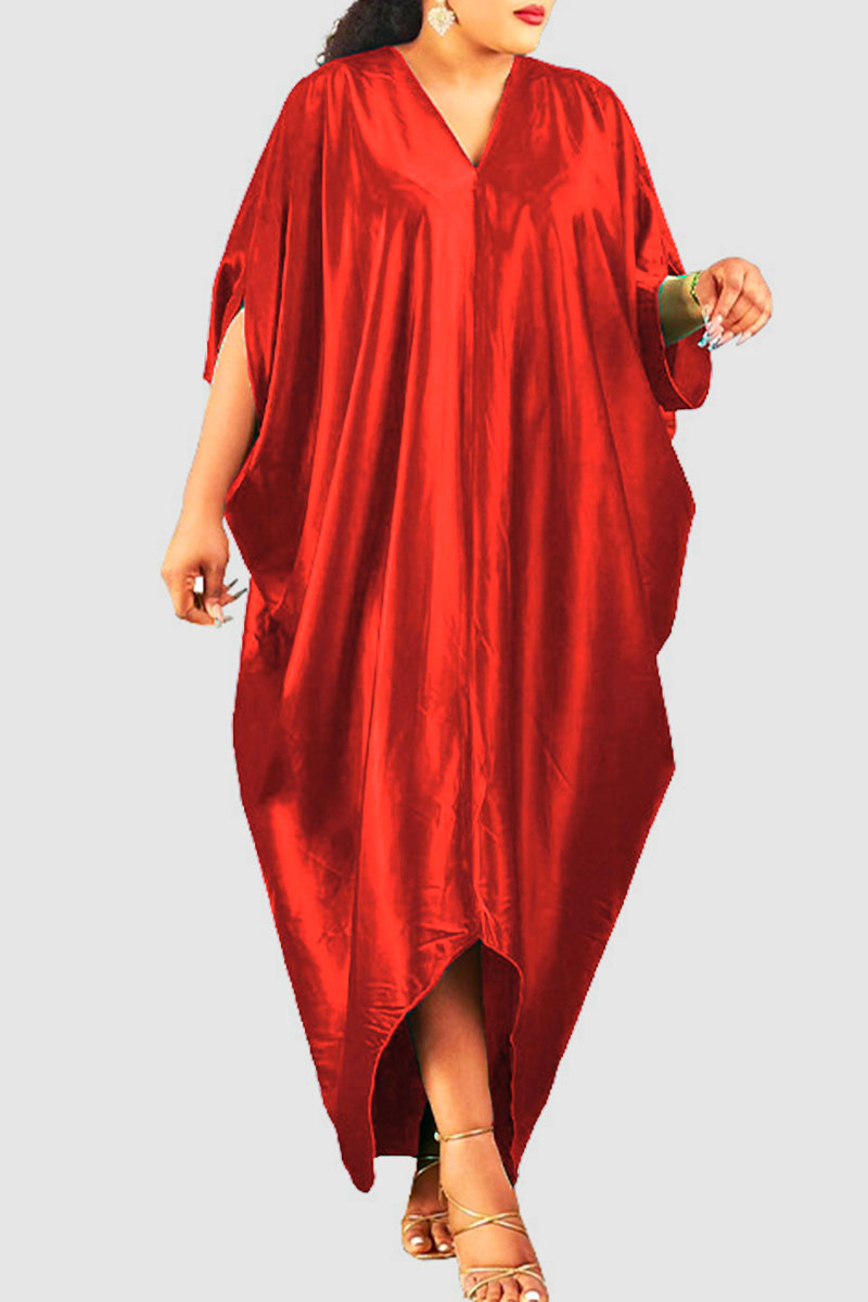 

Tangerine Red Casual Solid Split Joint V Neck Irregular Dress Plus Size Dresses