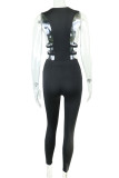 Black Sexy Solid Hollowed Out Patchwork Asymmetrical Collar Regular Jumpsuits
