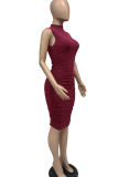 Burgundy Sexy Solid Patchwork Fold O Neck Pencil Skirt Dresses