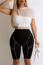 White Sexy Patchwork Hollowed Out See-through Half A Turtleneck Skinny Romper Set