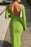 Vestidos de manga comprida verde moda casual com bandagem sólida vazada com decote em V