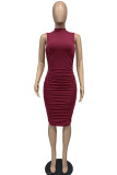 Burgundy Sexy Solid Patchwork Fold O Neck Pencil Skirt Dresses