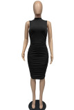 Black Sexy Solid Patchwork Fold O Neck Pencil Skirt Dresses