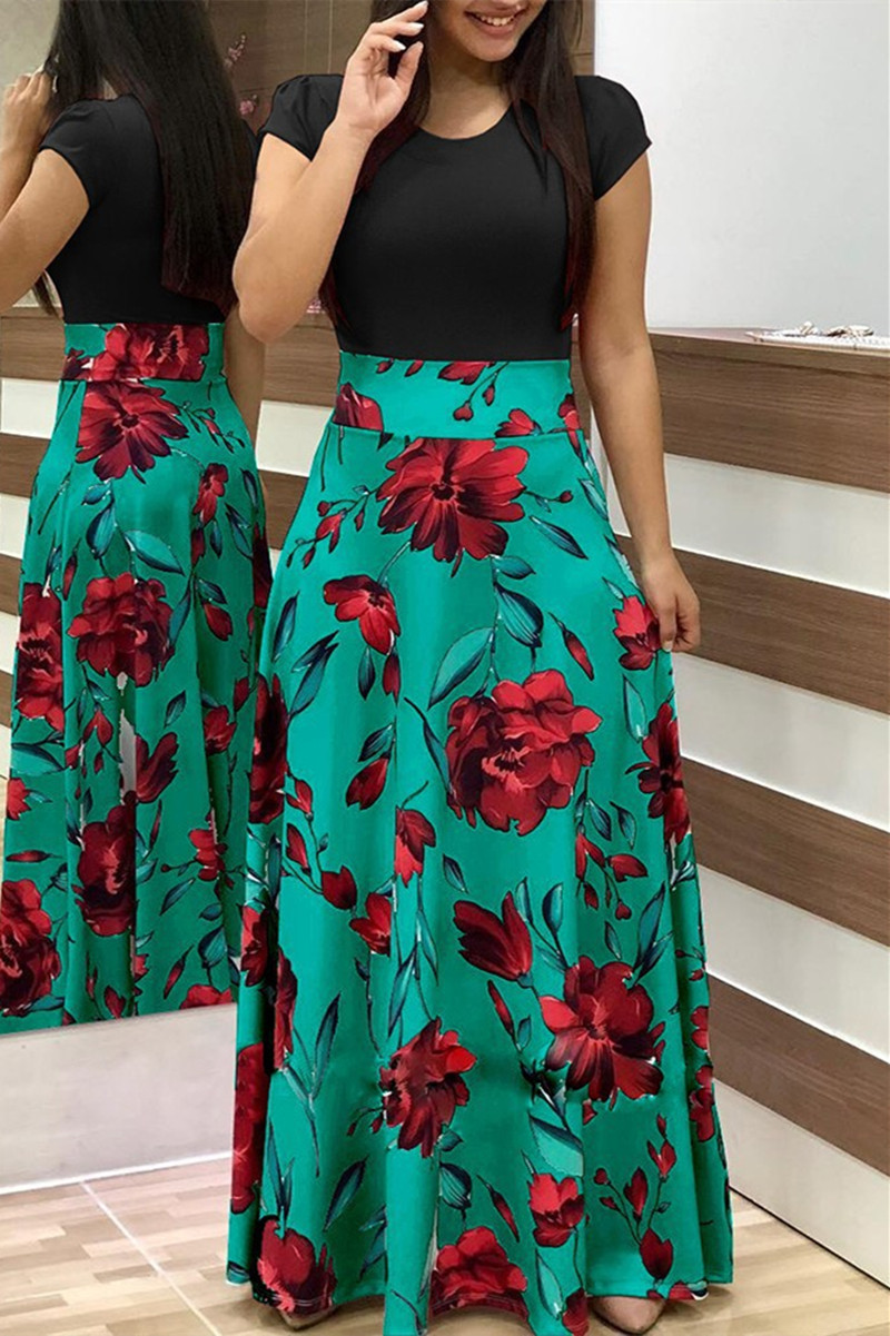 

Green Fashion Casual Print Patchwork O Neck Short Sleeve Dress