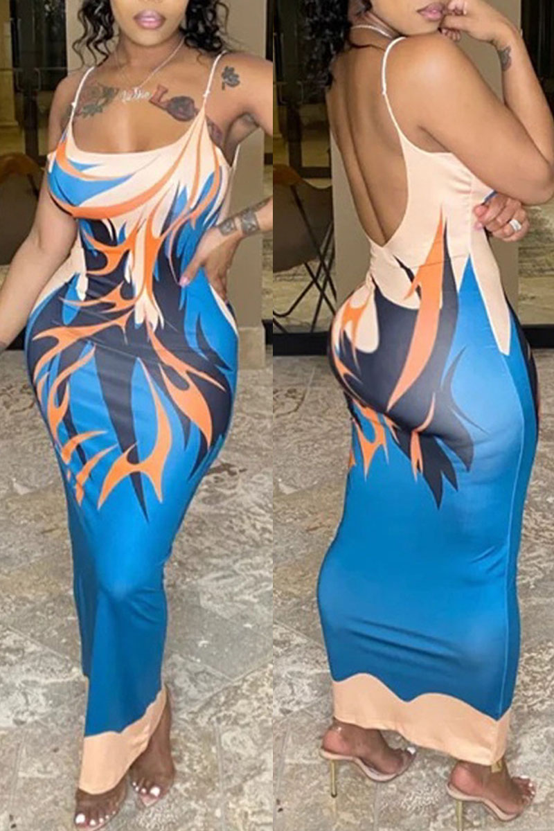 

Blue Fashion Sexy Print Split Joint Spaghetti Strap Sling Dress Dresses