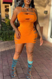 Оранжевое модное сексуальное платье больших размеров с однотонным рваным бретельками без рукавов