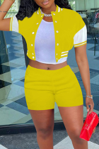 Yellow Casual Solid Patchwork Short Sleeve Two Pieces