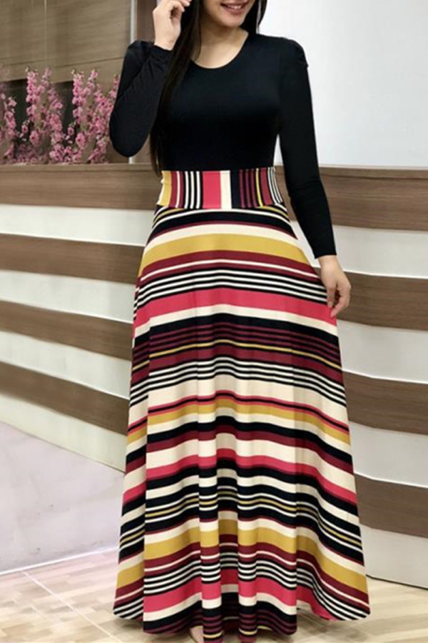 Colour Fashion Casual Print Patchwork O Neck Long Sleeve Dresses