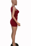 Burgundy Sexy Solid Bandage Hollowed Out Patchwork U Neck Sleeveless Two Pieces