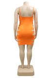 Orange Fashion Sexy Plus Size Solid Ripped Spaghetti Strap Sleeveless Dress