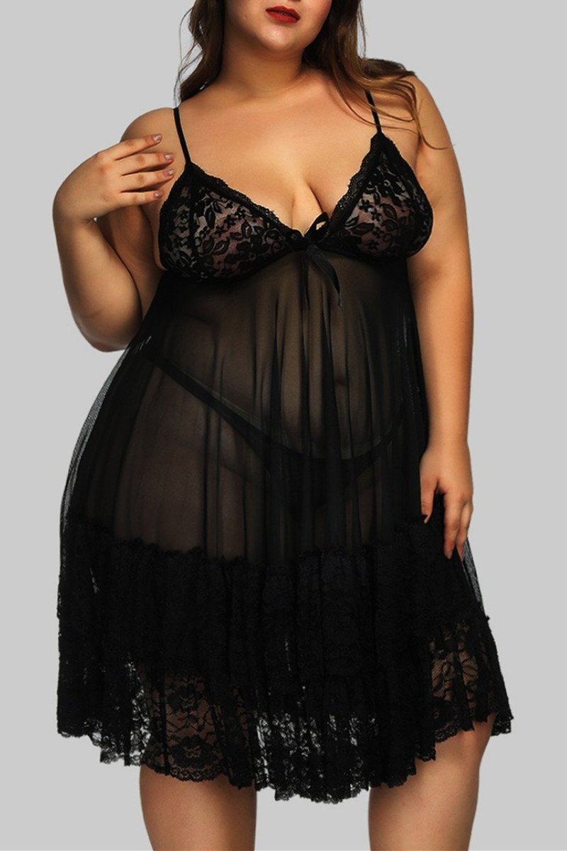 

Black Fashion Sexy Plus Size Living Solid See-through Backless V Neck Sling Dress