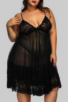 Schwarze Mode Sexy Plus Size Living Solid durchsichtiges rückenfreies Sling-Kleid mit V-Ausschnitt