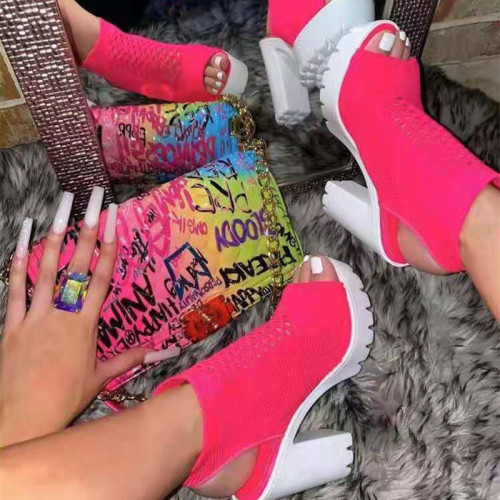 Chaussures compensées à la bouche de poisson de couleur unie en patchwork décontractées à la mode rose
