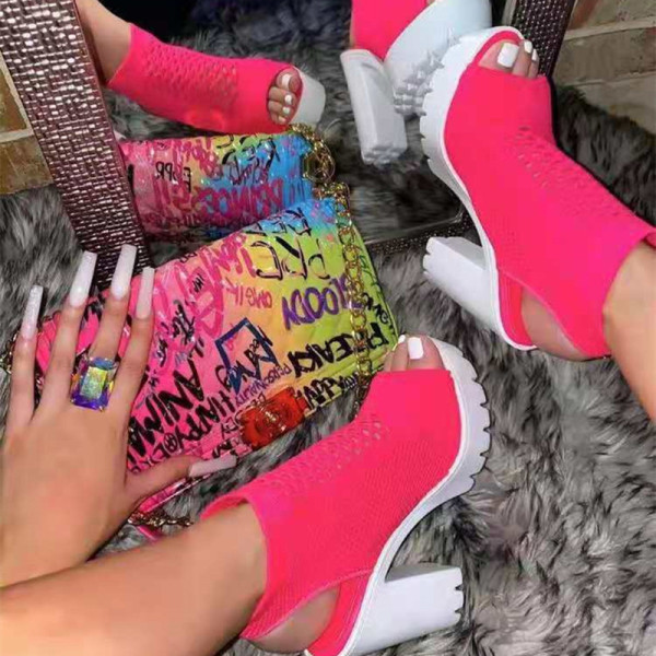 Zapatos de cuña de boca de pescado de color sólido de patchwork ahuecados casuales de moda rosa