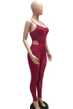 Burgundy Sexy Solid Patchwork See-through Spaghetti Strap Sleeveless Two Pieces