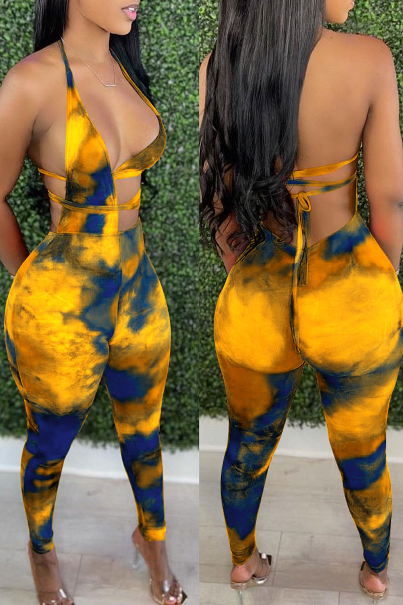 

Yellow Sexy Print Bandage Hollowed Out Patchwork Backless Asymmetrical Halter Regular Jumpsuits