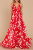 Rotes, modisches, lässiges, rückenfreies Sling-Kleid mit V-Ausschnitt