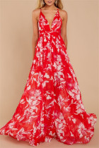 Red Fashion Casual Print Backless V-hals Sling Dress