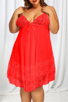Röd Mode Sexig Plus Size Living Solid Genomskinlig Backless V-hals Sling Dress