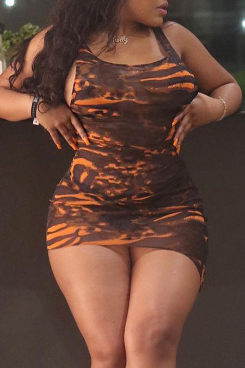 

Tangerine Red Sexy Print Split Joint Asymmetrical U Neck Dresses