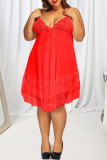 Red Fashion Sexy Plus Size Living Solid Прозрачное платье с V-образным вырезом и открытой спиной