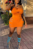 Orange Fashion Sexy Plus Size feste zerrissene Spaghettiträger ärmelloses Kleid