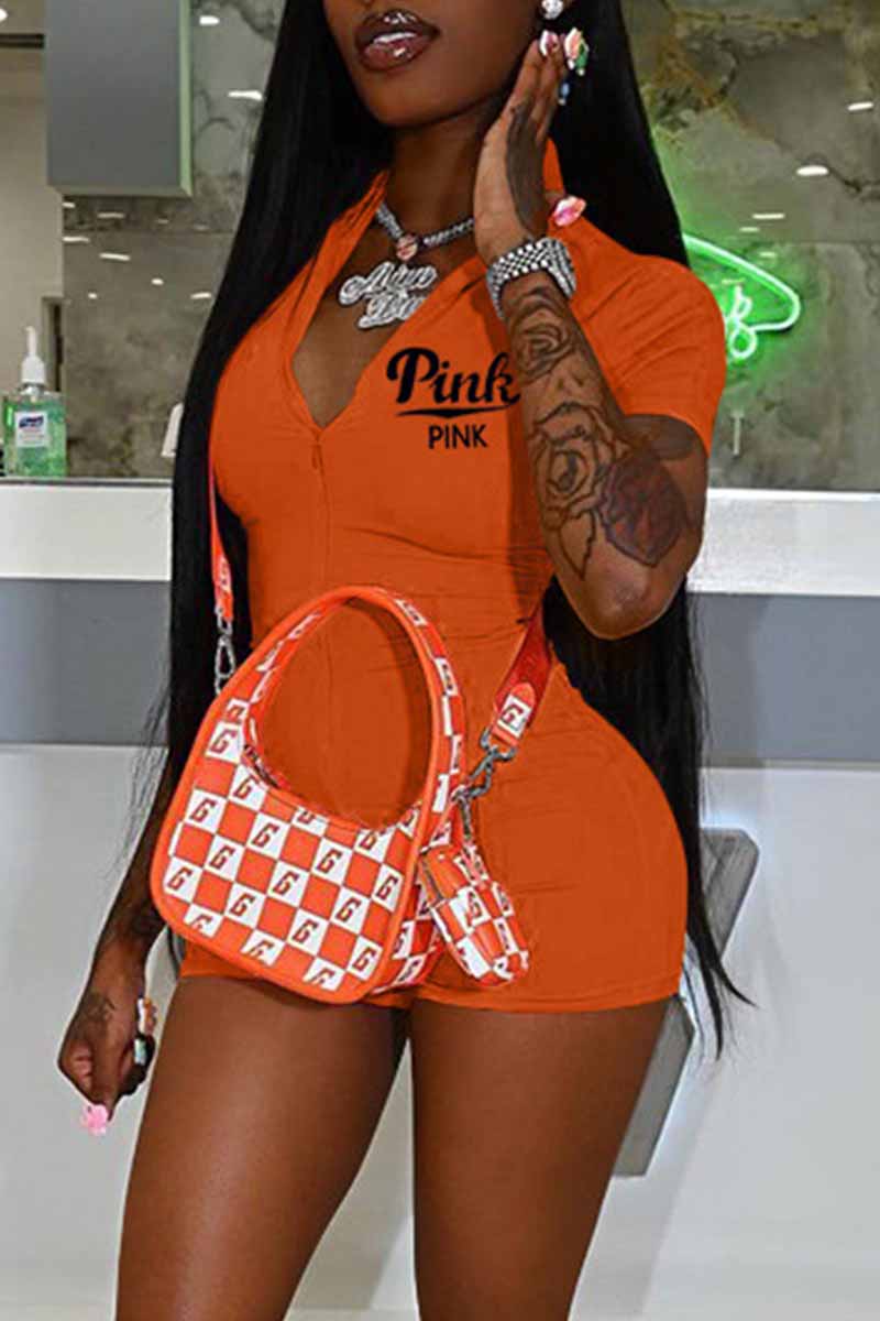 

Orange Fashion Casual Letter Print Basic Zipper Collar Skinny Romper