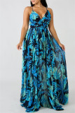 Blau Schwarz Fashion Casual Print Backless Sling Dress mit V-Ausschnitt