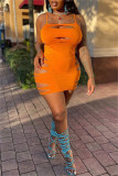 Vestido laranja fashion sexy plus size com alça de espaguete rasgada e sem manga