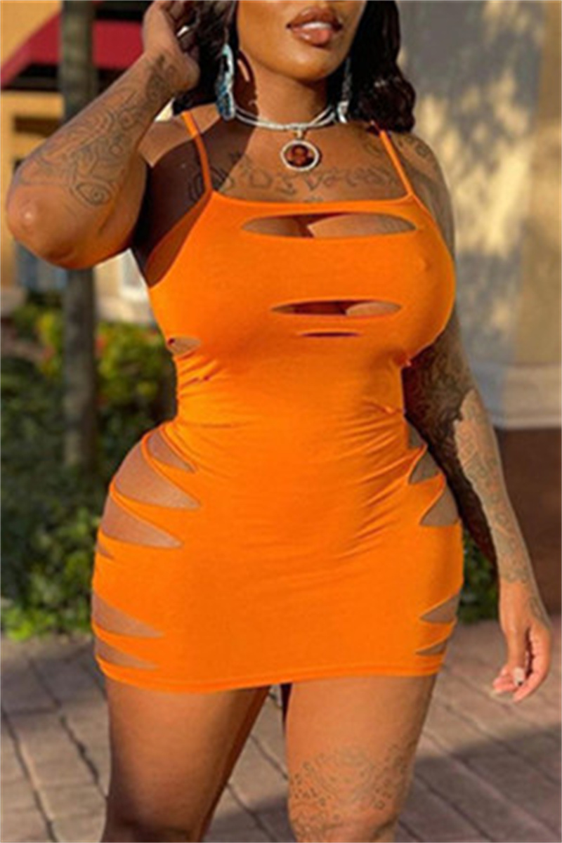 

Orange Fashion Sexy Plus Size Solid Ripped Spaghetti Strap Sleeveless Dress