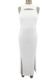 Witte elegante effen uitgeholde rechte jurken met split en O-hals