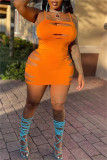 オレンジファッションセクシープラスサイズソリッドリップドスパゲッティストラップノースリーブドレス