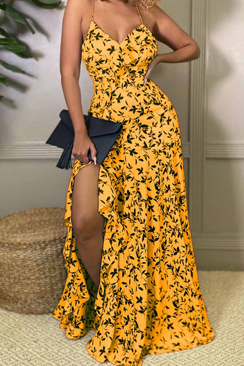 

Yellow Sexy Casual Print Backless Slit Spaghetti Strap Long Dress