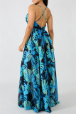Blå Mode Casual Print Backless V-hals Sling Dress