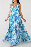 Blaues, modisches, lässiges, rückenfreies Sling-Kleid mit V-Ausschnitt