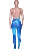 Blauwe sexy bandage met print uitgehold patchwork rugloos asymmetrische halter regular jumpsuit