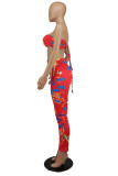 Moda roja Sexy estampado vendaje sin espalda sin tirantes sin mangas de dos piezas